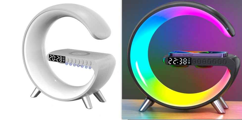 U-shaped LED speaker lamps, white and dark bodies with rainbow light glow