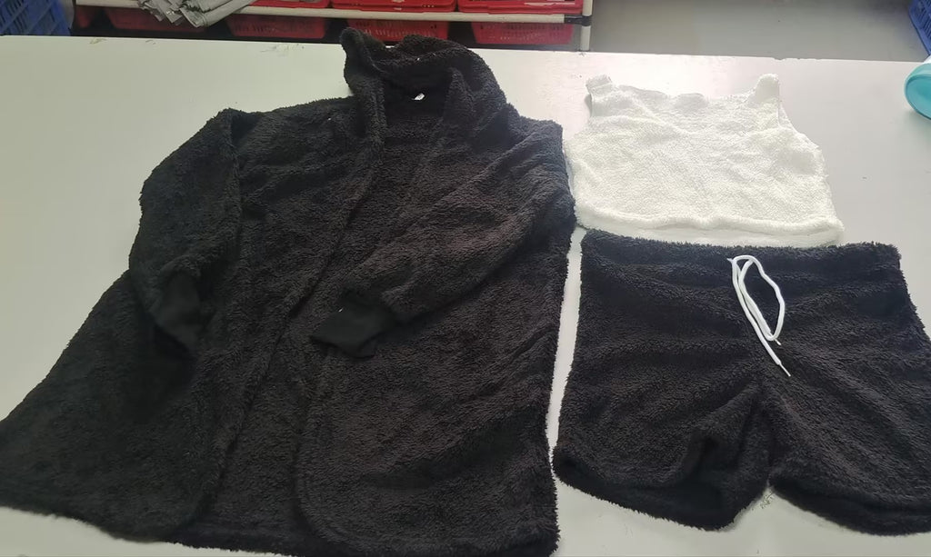 3-piece fuzzy lounge set pair: black and white cropped tanks with drawstring shorts