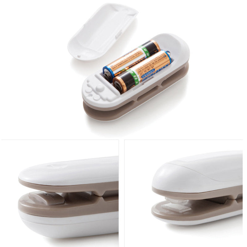 Mini portable heat sealer tool in white, opened to show the battery compartment