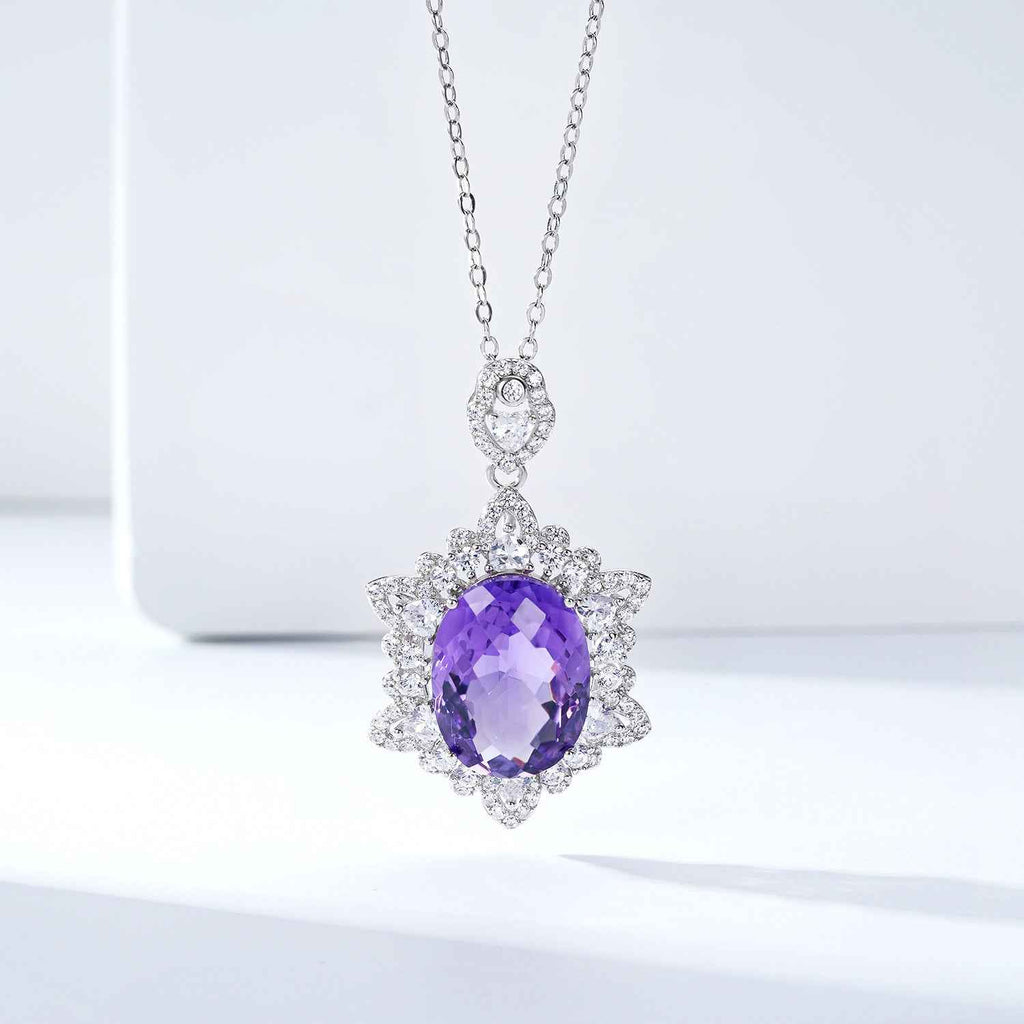 925 silver amethyst pendant necklace with purple oval gemstone and diamond halo flowers