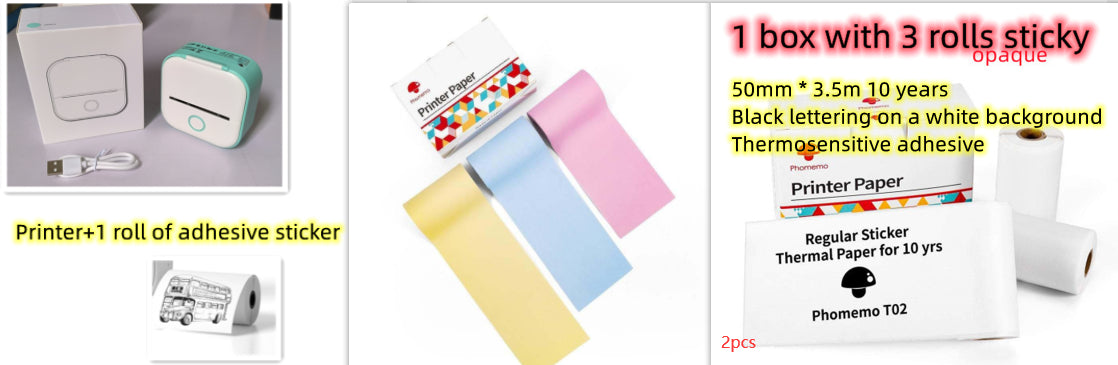 Mini label printer set with adhesive sticker roll and three colorful label rolls