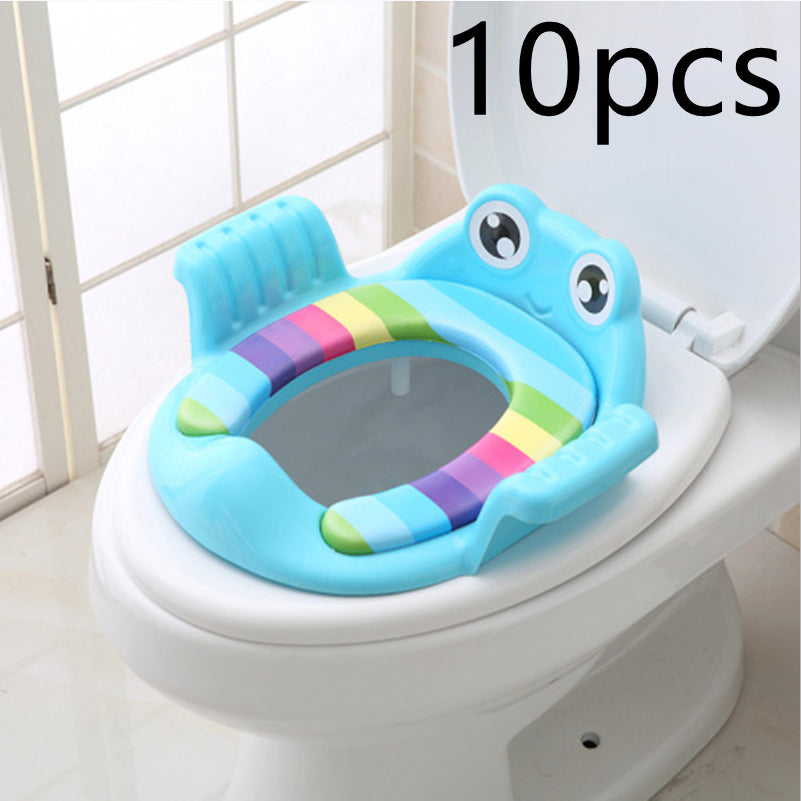 Blue toddler toilet seat 10-pack with animal face, striped inner pad, and side grips