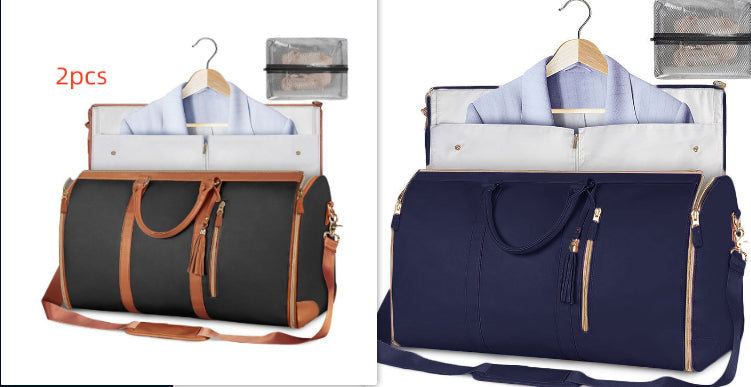 Set of travel duffle bags: dark gray and navy, both with tassel zipper pulls