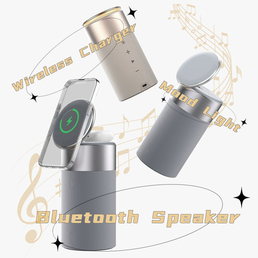 3-in-1 wireless charger speaker with lamp, grey cylinder with raised phone dock and speaker top