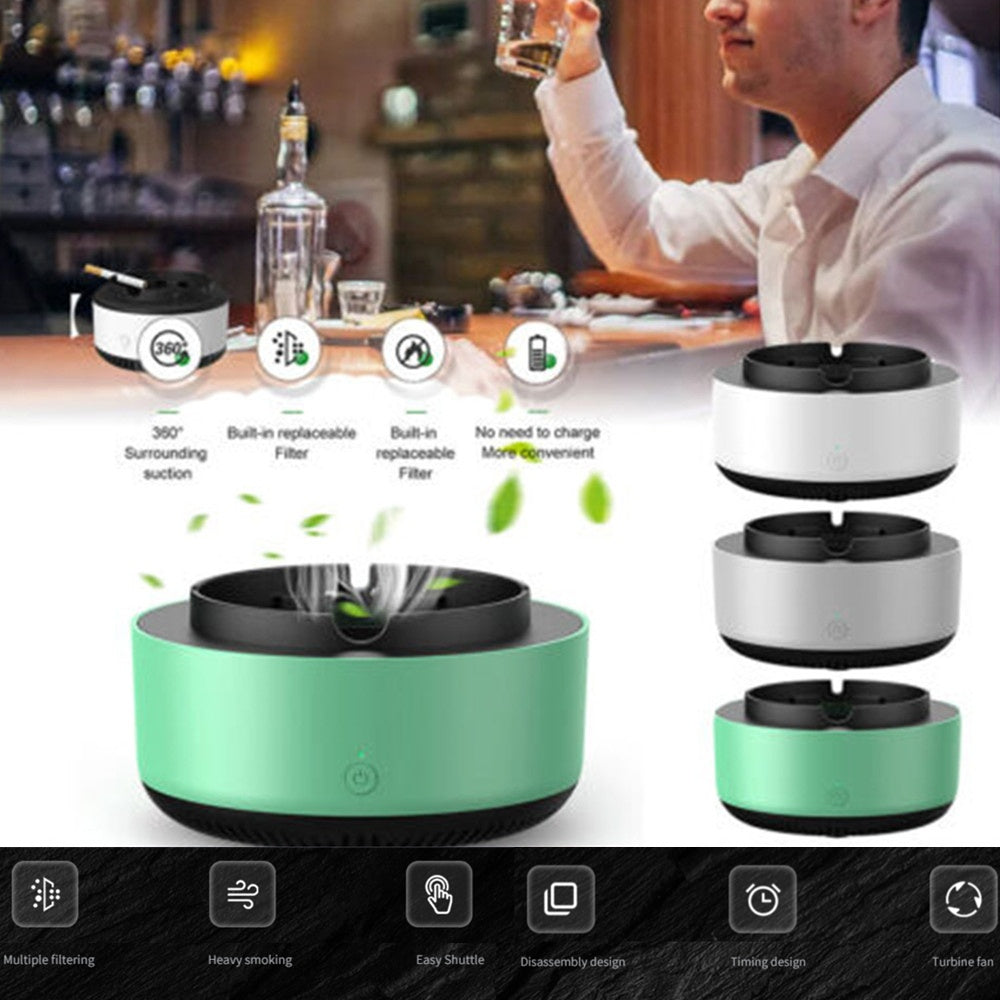 Green and white electronic ashtray air purifier with black inner bowl and included parts