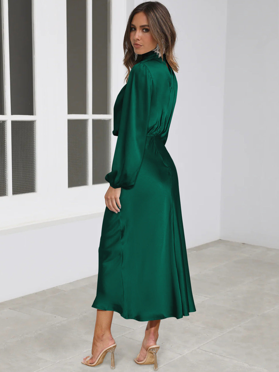 Dark green long-sleeved satin midi dress with high neck and puff sleeves