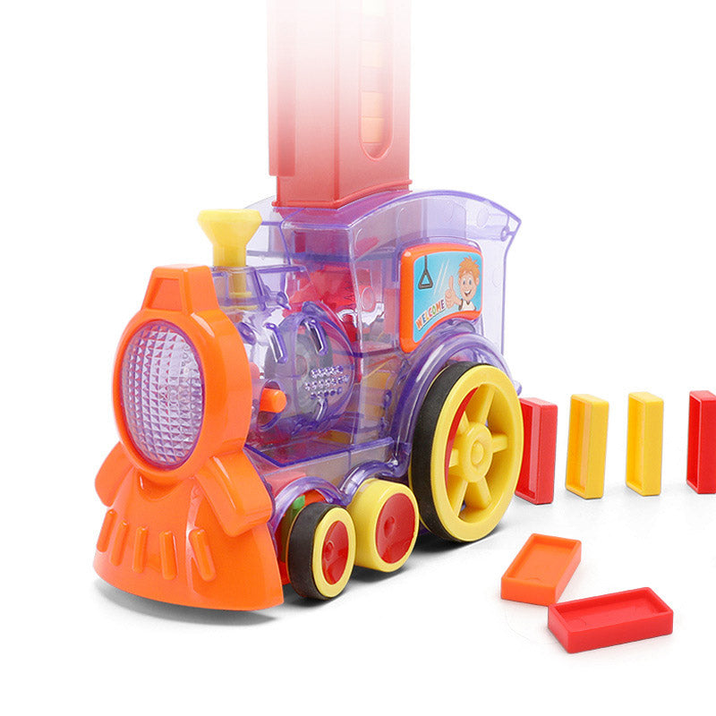 Clear purple domino train toy with orange engine front and colored rail pieces