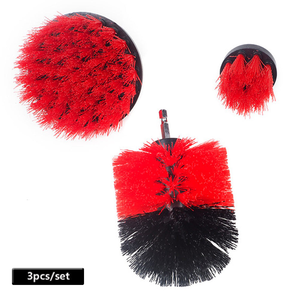 Electric drill cleaning brush set with red and black bristle round scrub heads, 3 pcs/set