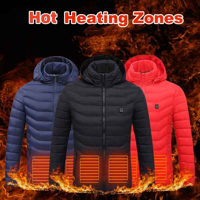 Men's winter heated puffer jacket, zip-up, hooded, shown in blue, black, and red