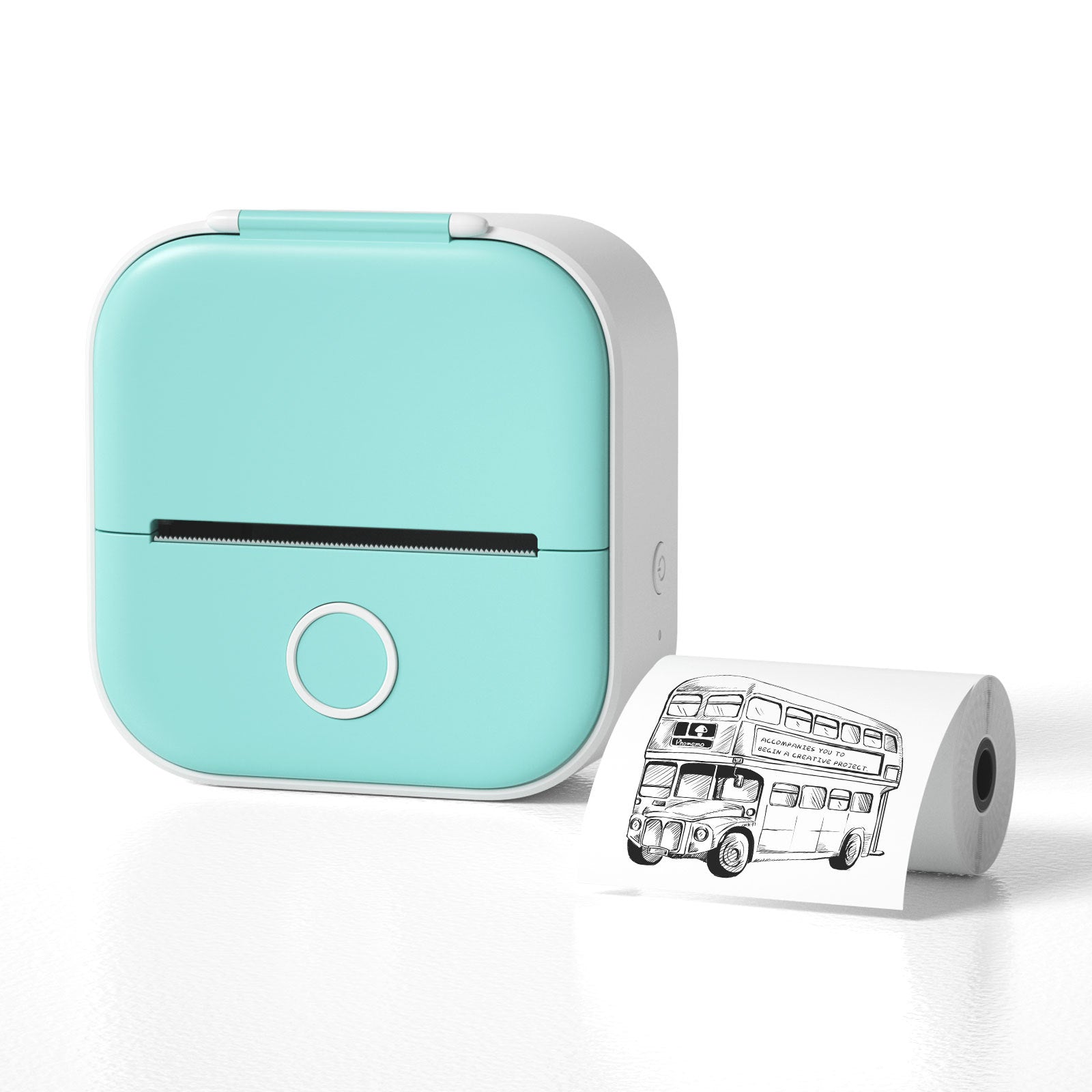 Light blue portable mini thermal label printer with adhesive sticker roll