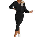 Two-piece midi dress set in black, long-sleeve V-neck pullover and fitted sleeveless dress
