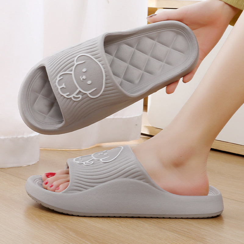 Grey cartoon dog slide slippers with open toe and quilted tread sole