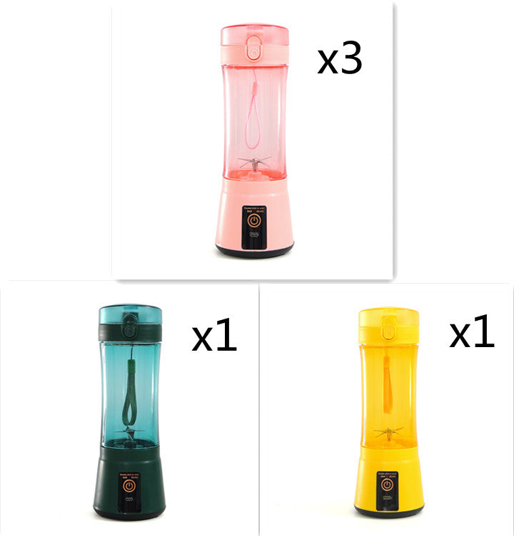 Portable electric fruit juicer with teal and yellow blender cups, plus pink