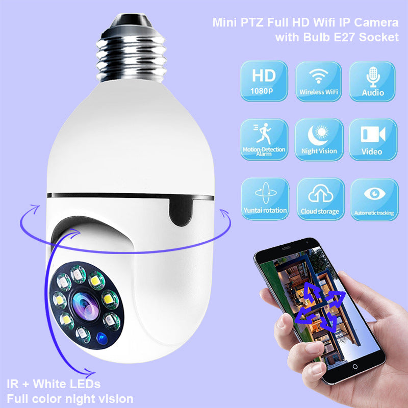 WiFi security camera bulb with E27 screw base and LED lens array