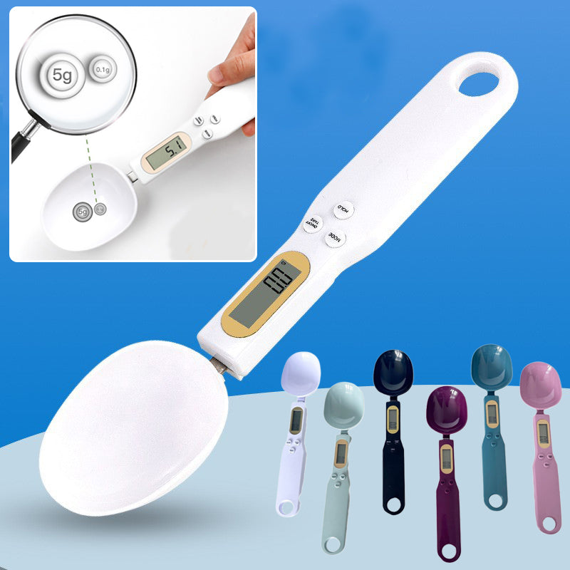 White measuring spoon scale with digital display and round spoon.