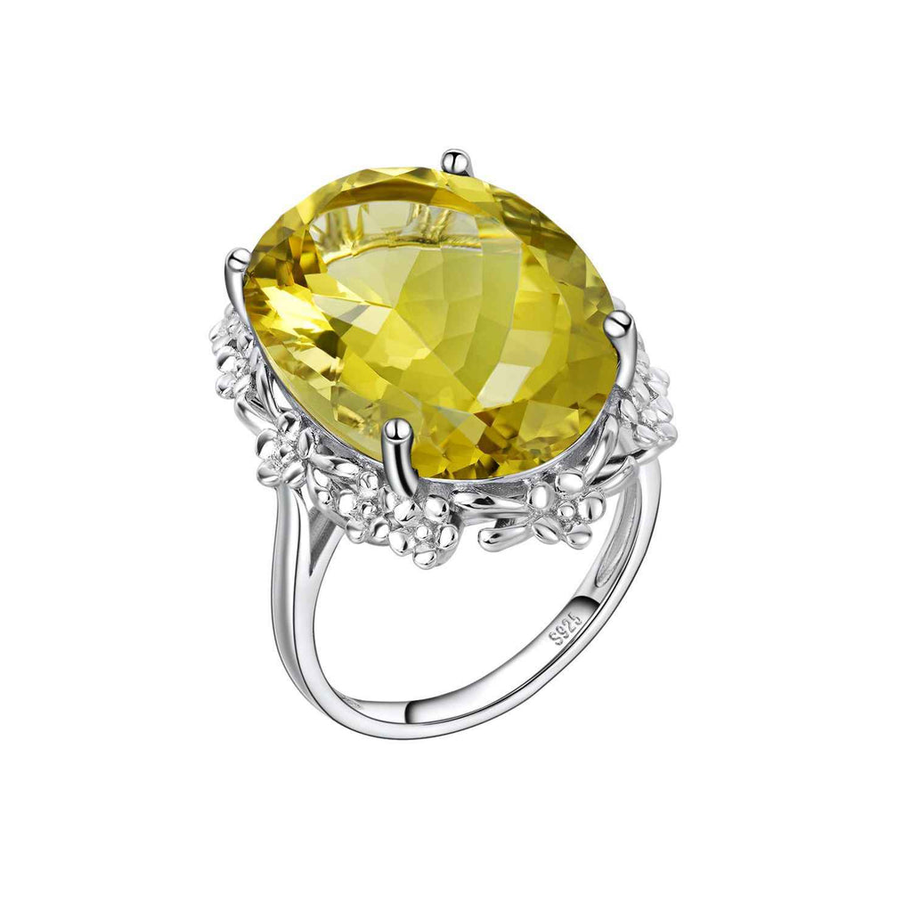 S925 sterling silver ring with large oval yellow crystal and detailed filigree prongs