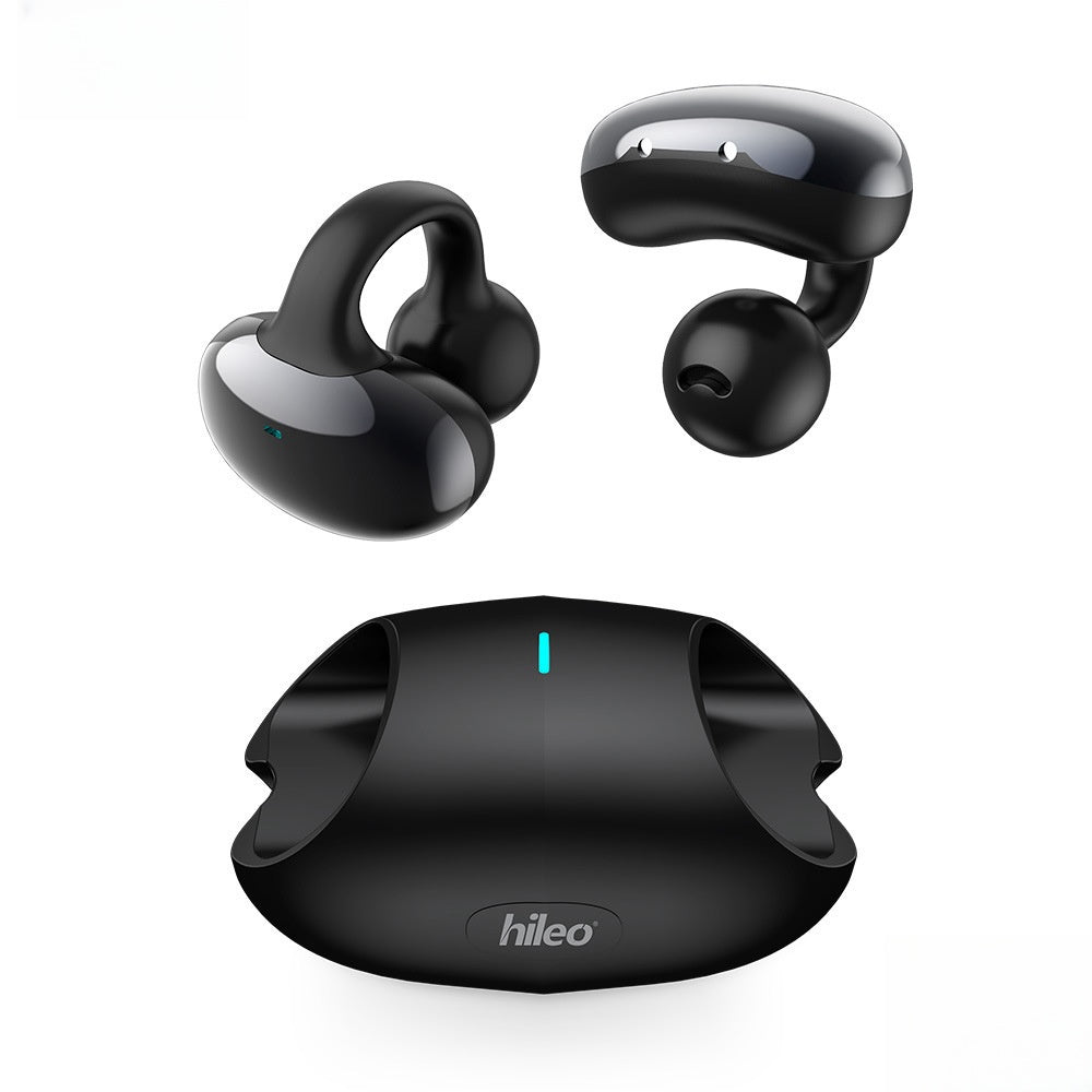 Black clip-on true wireless Bluetooth headset earbuds and charging case