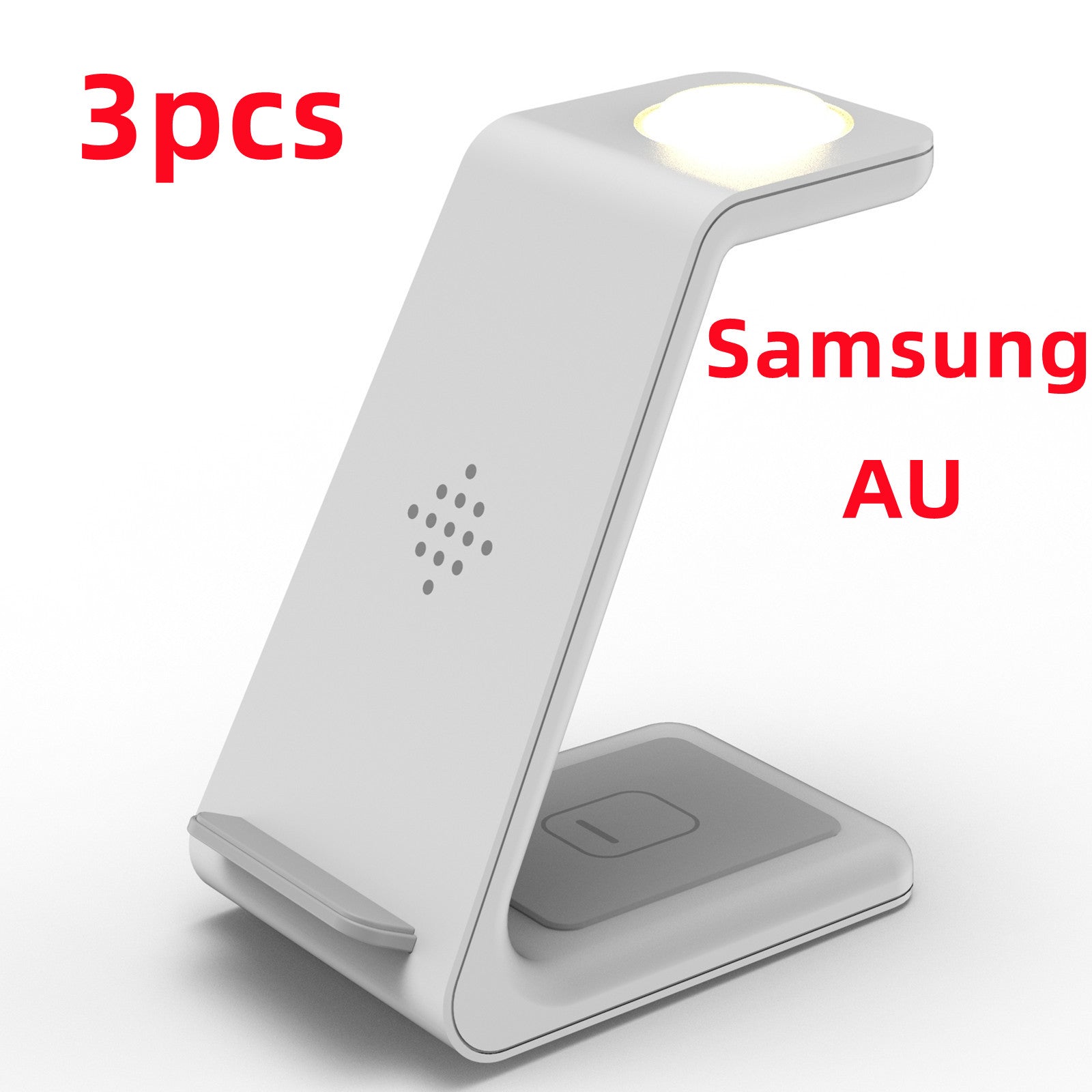 White wireless charger stand with phone cradle and lighted top disc