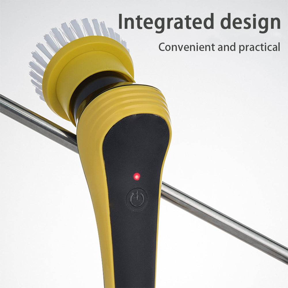 Electric cleaning brush with yellow bristle head and black handle, adjustable pole