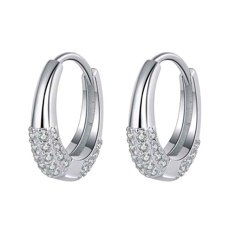 Sterling silver oval hoop earrings with zircon pavé oval cluster, front view pair