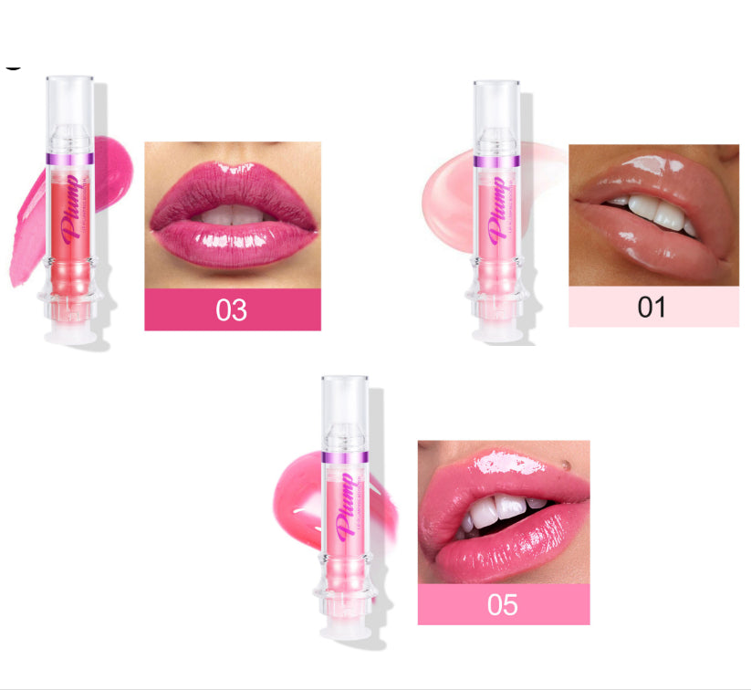 Glossy lip color tube with berry shade 03 and glossy pink shade 05 swatches