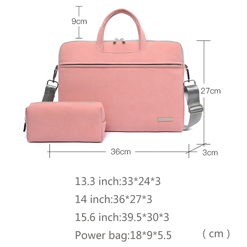 Pink PU leather laptop briefcase with shoulder straps and small matching pouch size graphic