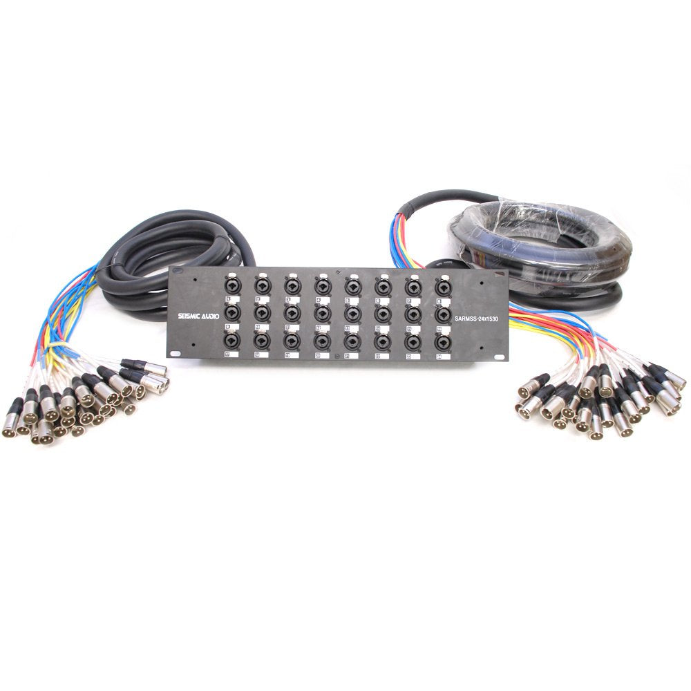 16-channel XLR/TRS combo splitter with rack panel, coiled cables, and multi-connector ends