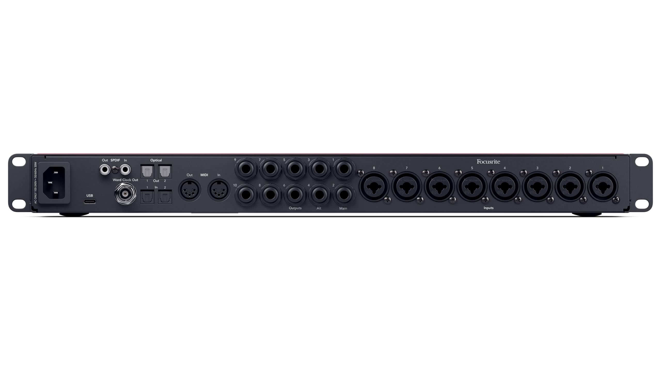 Red Focusrite Scarlett 18i16 USB audio interface rear panel with multiple ports