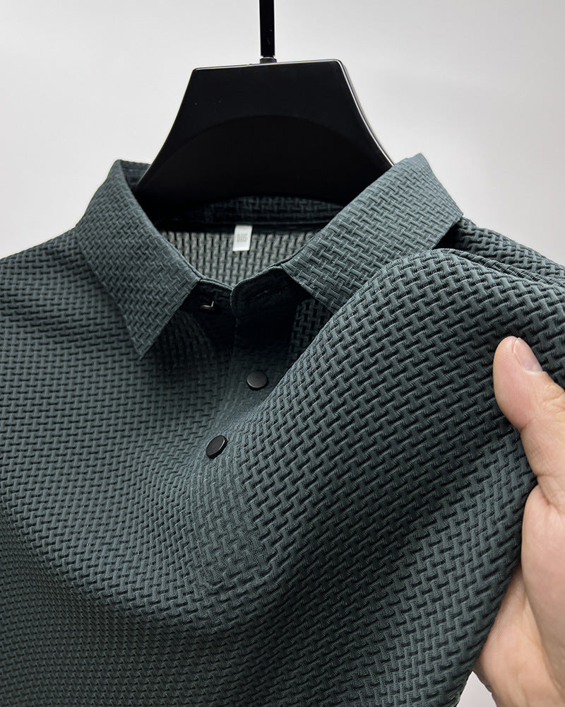 Men's textured mesh polo shirt in blue-gray, short sleeves and button placket