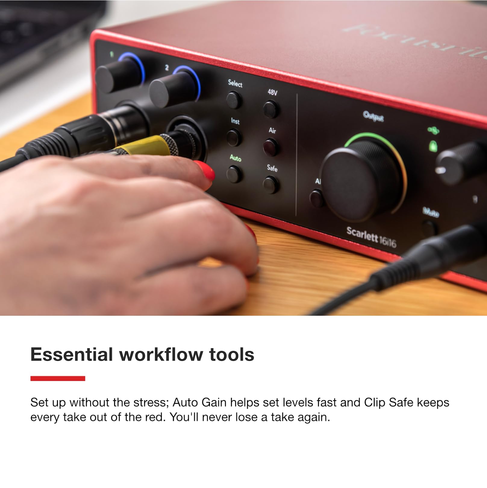Focusrite Scarlett 18i16 USB audio interface close-up, red panel with multiple knobs and buttons