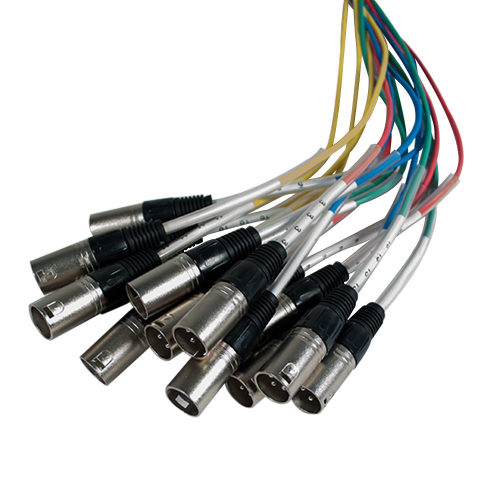 Audio splitter snake cable with silver XLR/TRS connectors and multicolored cable bundle