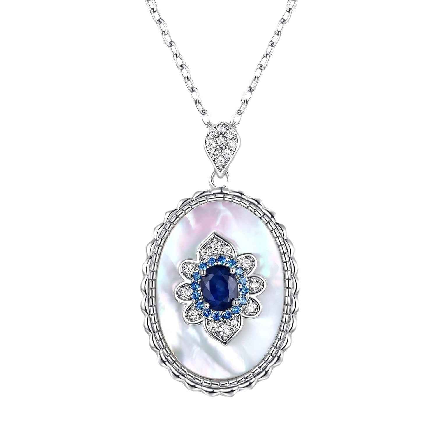 Sapphire diamond oval pendant necklace in sterling silver with blue center stone and link chain