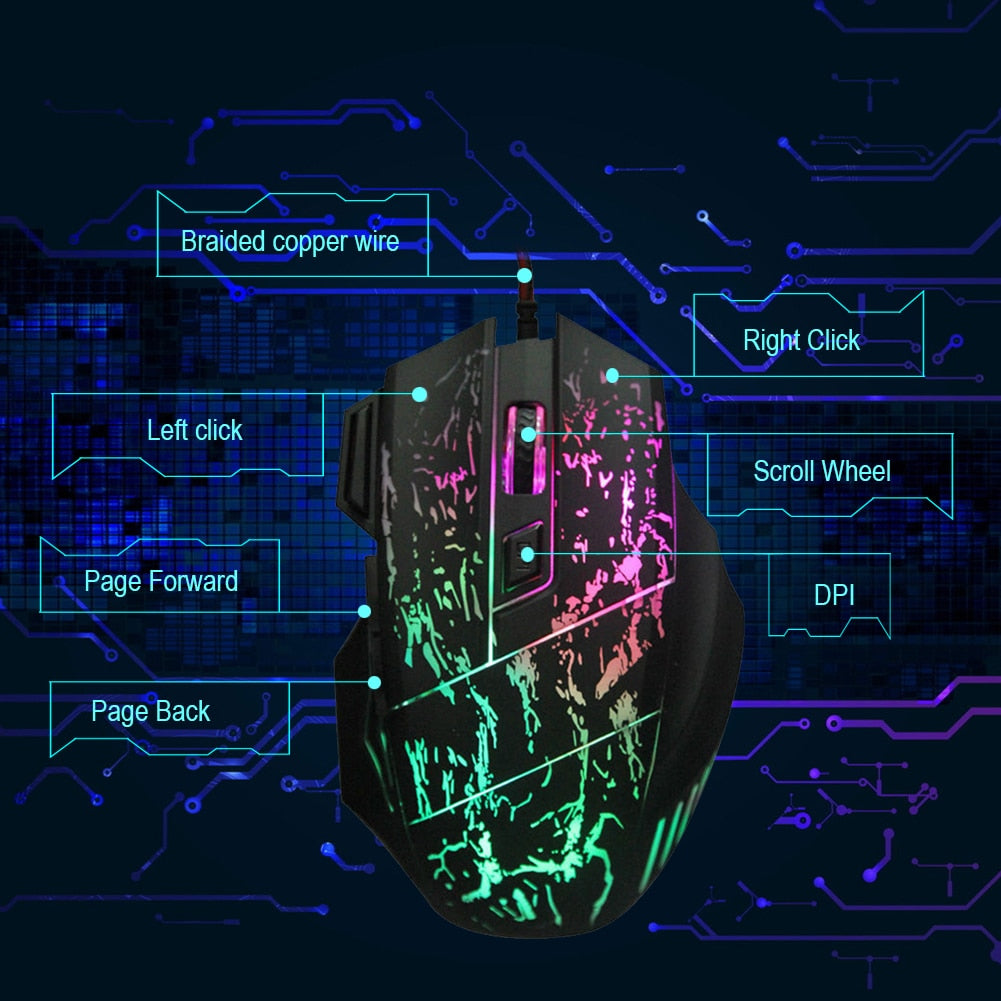 Gaming mouse with black shell and glowing RGB pink/green light strips
