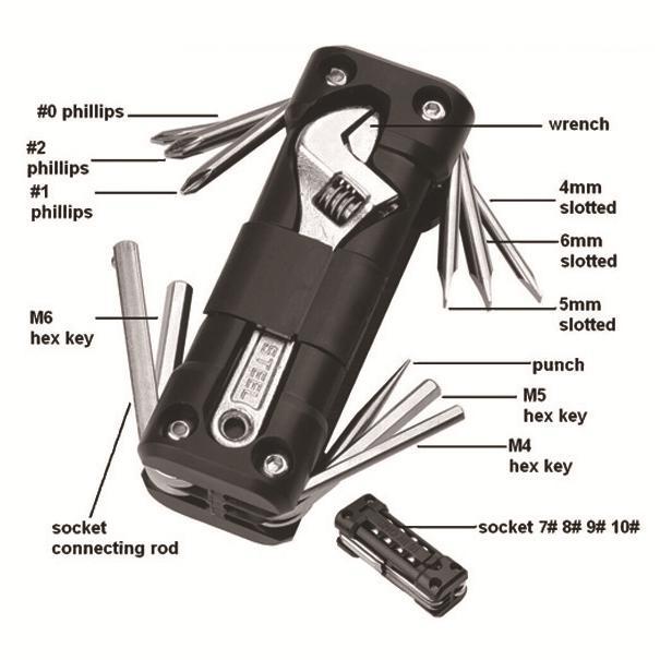 Portable tool set layout with hex keys, slotted bits, sockets, and punch