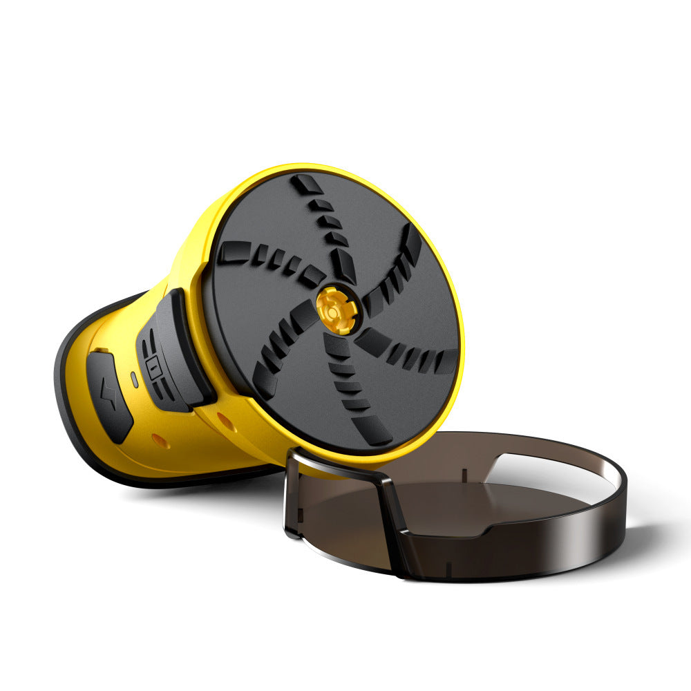 Yellow cordless electric snow scraper with circular black roller brush head