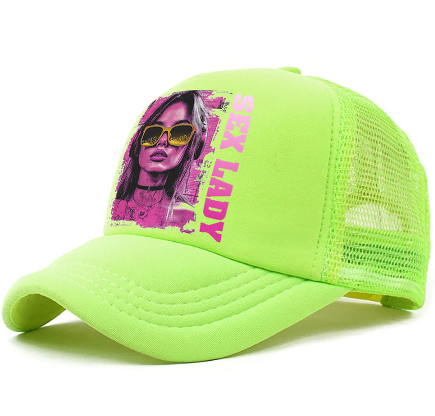 Bright neon green mesh baseball cap with front photo graphic panel
