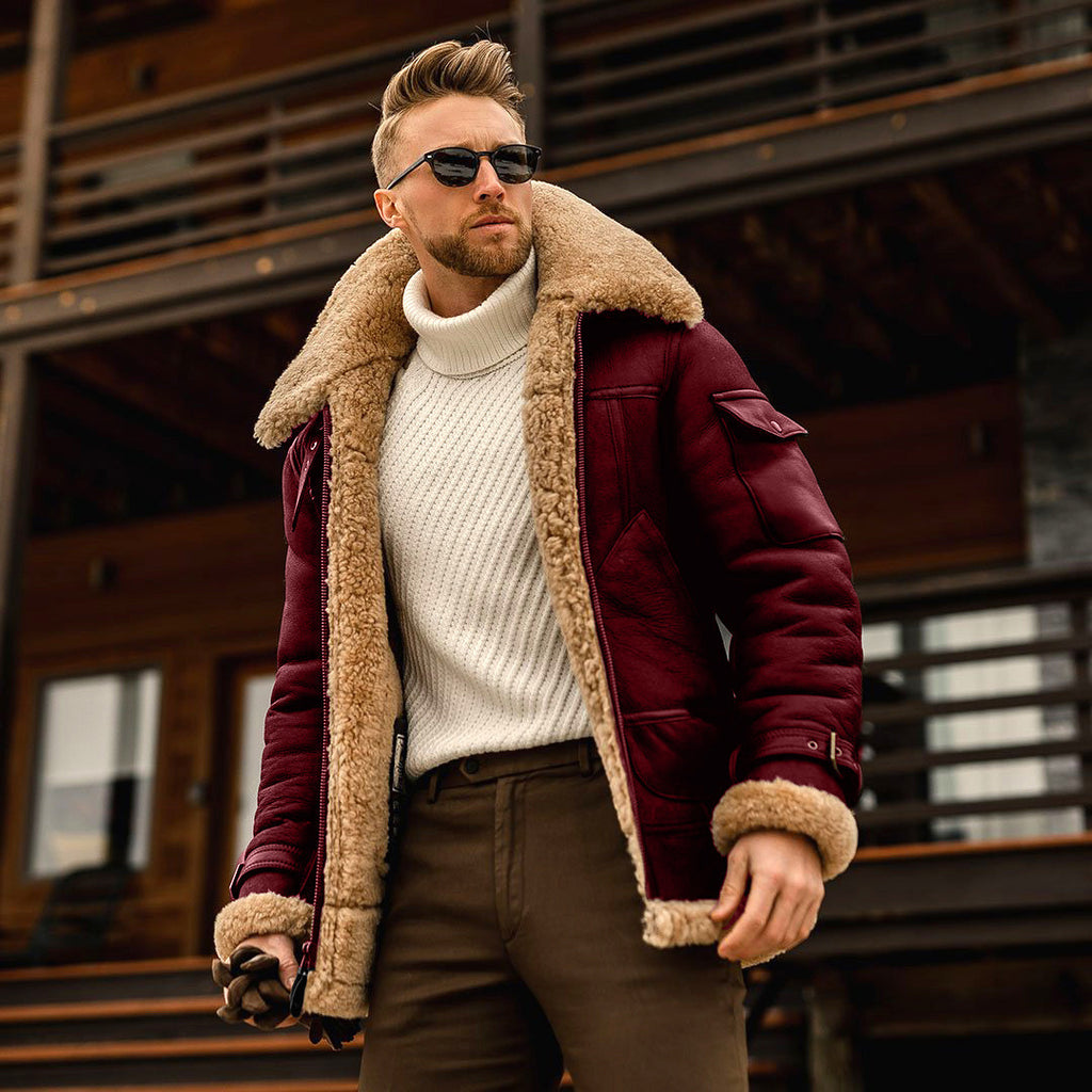 Men's winter jacket with shearling trim, burgundy coat and fur-trim cuffs, zip-front