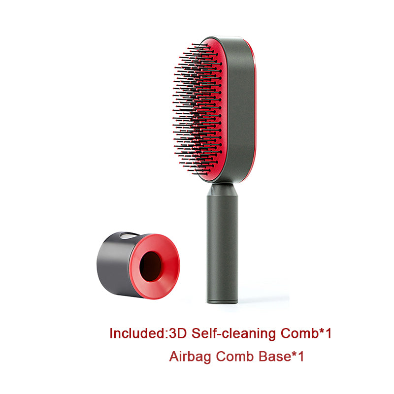 Self-cleaning airbag hair brush with red bristle head and gray handle, with base