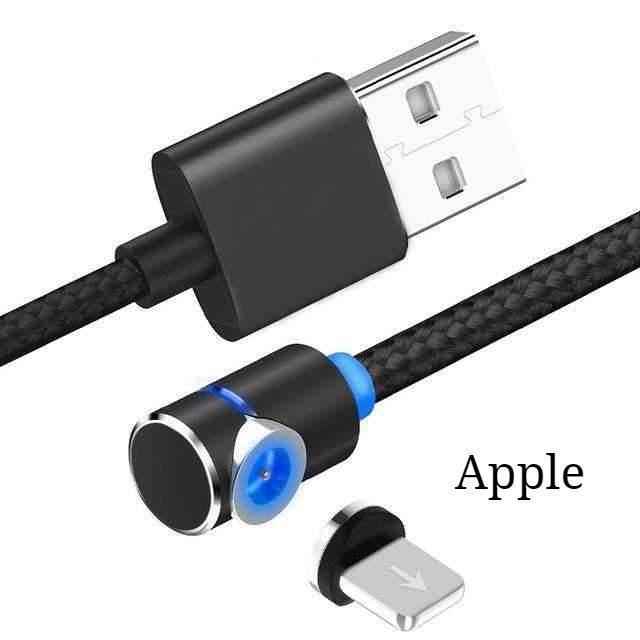 Magnetic LED charging cable with black USB-A plug and lightning connector, blue light