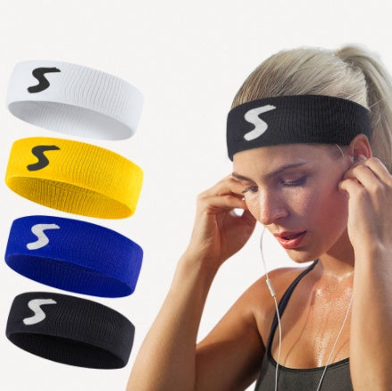 Fitness headband set in white, yellow, blue, and black with S logo