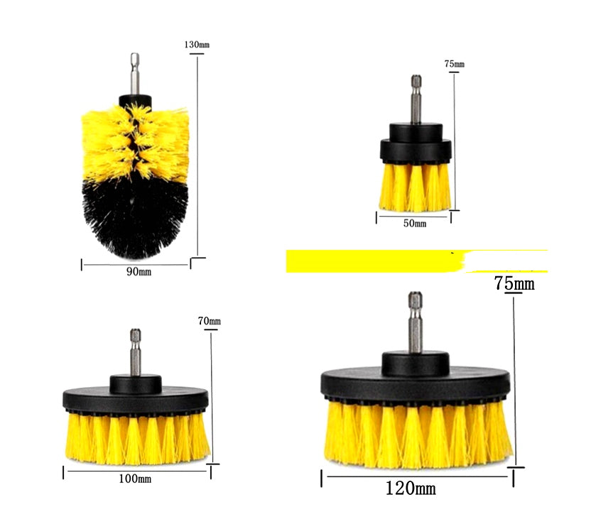 Electric drill cleaning brush attachment with yellow bristles and black round base