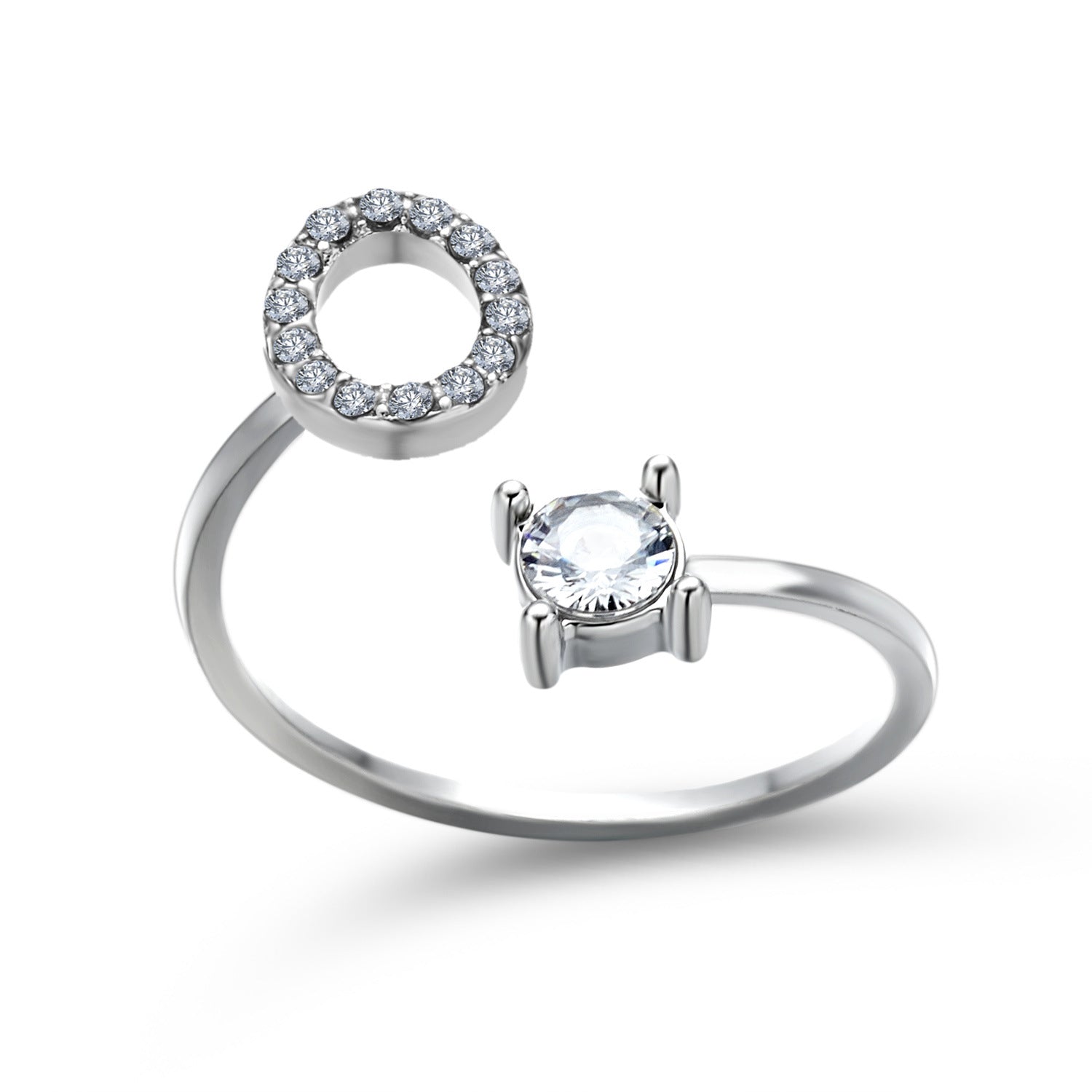 Silver adjustable initial letter ring with circular pave setting and oval center stone.