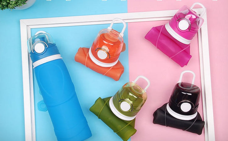 Folding silicone water bottle assortment in blue, pink, orange, green, and black