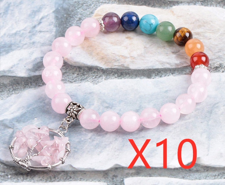 Pink crystal beaded bracelet with multicolor beads and round rose quartz wire pendant