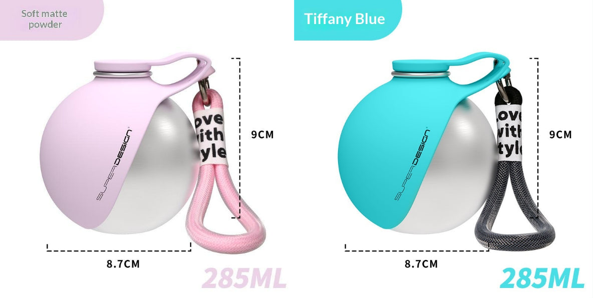 Pair of portable pet water dispenser bottles: soft mist pink and Tiffany Blue with straps.