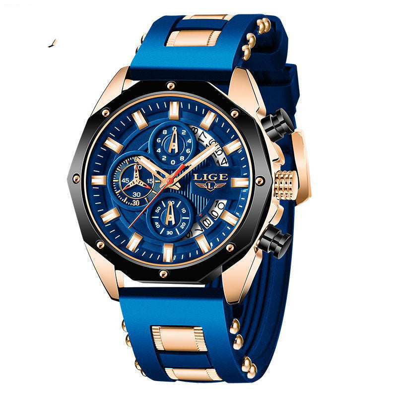 Blue silicone chronograph wristwatch with gold-tone case and subdials