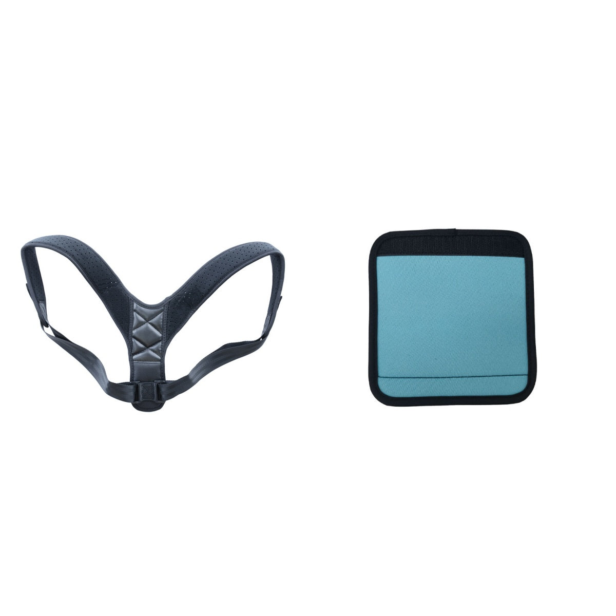 Blue posture corrector harness and small storage pouch set, shown on white background