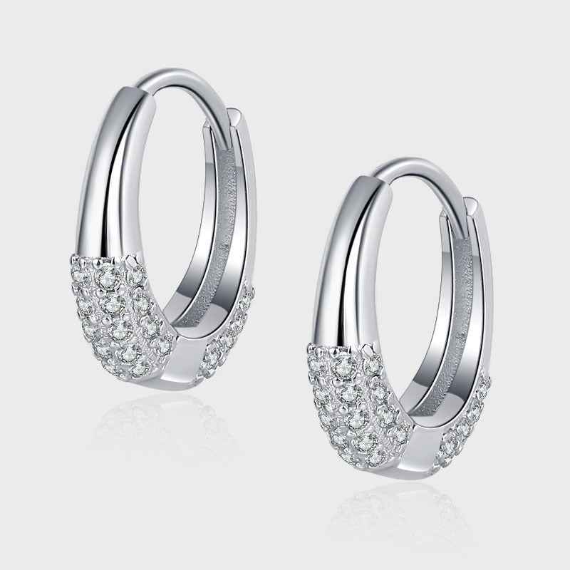 Sterling silver hoop earrings with oval zircon sparkle, French oval minimal design