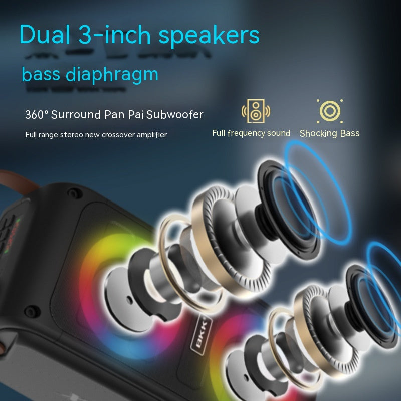 Black Bluetooth speaker close-up of dual 3-inch drivers with RGB light effects.