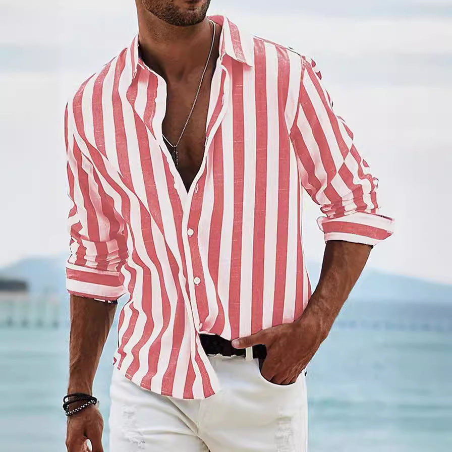 Men's striped casual shirt with red-and-white vertical stripes, long sleeves